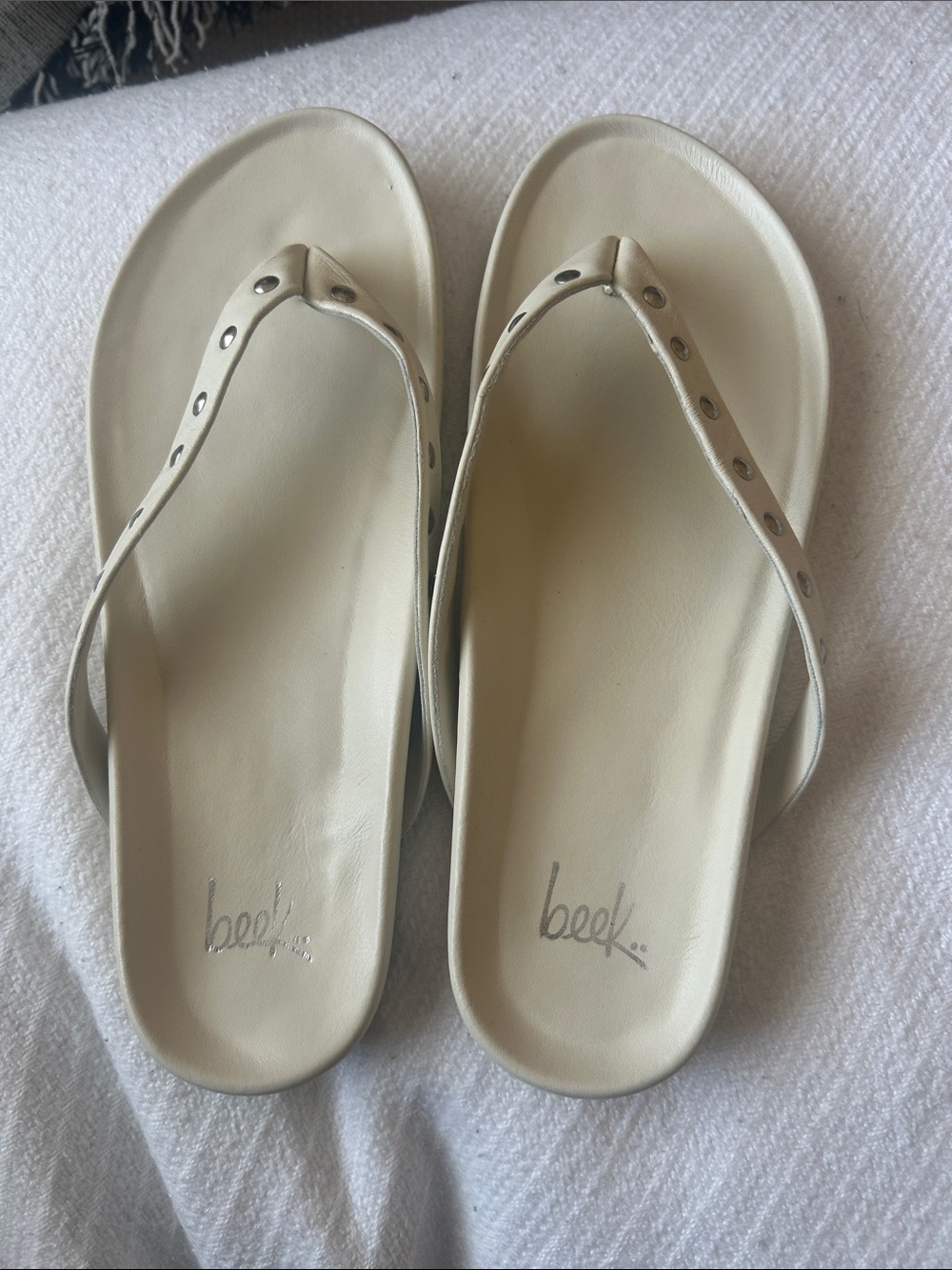 beek Ivory Leather Thong Sandals with Silver Studs
